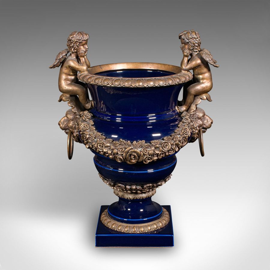 Antique Antique Putti Jardiniere Urn, Italian, Gilt, Ceramic, Planter, Vase, Victorian