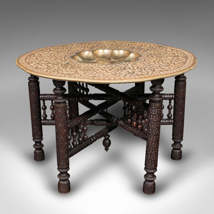 Antique Large Antique Berber Tea Table, Middle East, Brass, Teak, Campaign, Circa 1920