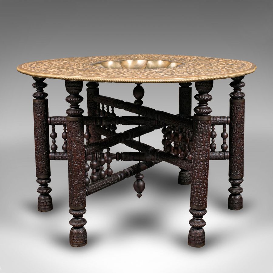 Antique Large Antique Berber Tea Table, Middle East, Brass, Teak, Campaign, Circa 1920