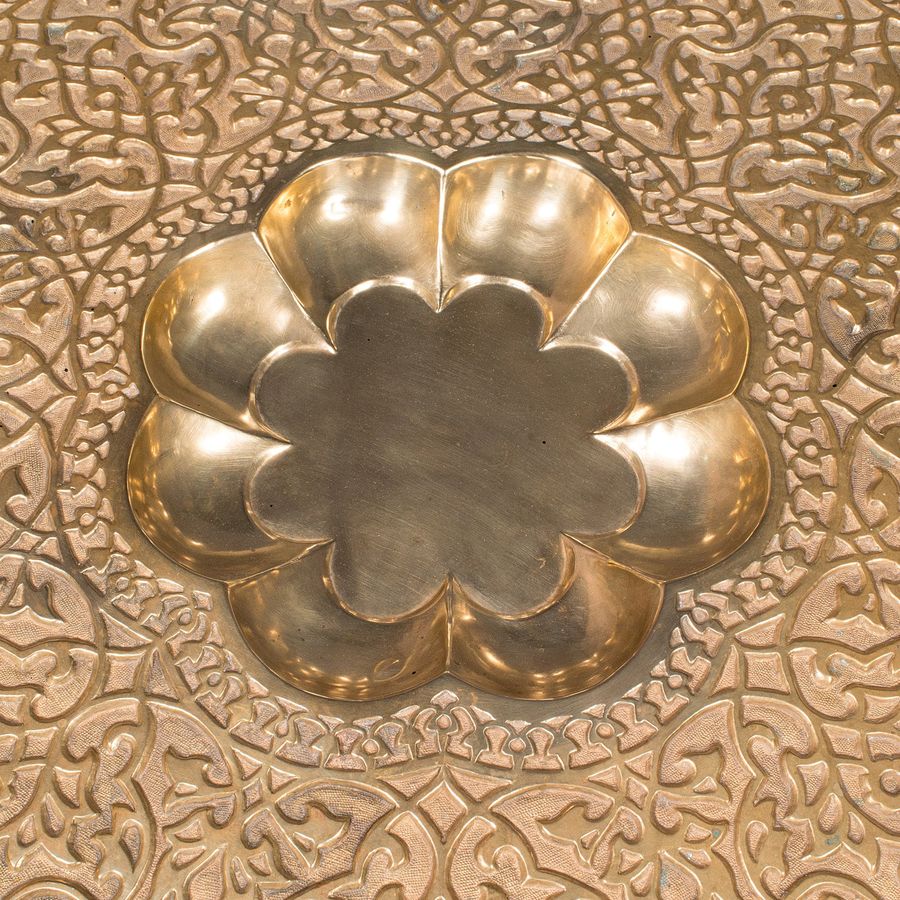 Antique Large Antique Berber Tea Table, Middle East, Brass, Teak, Campaign, Circa 1920