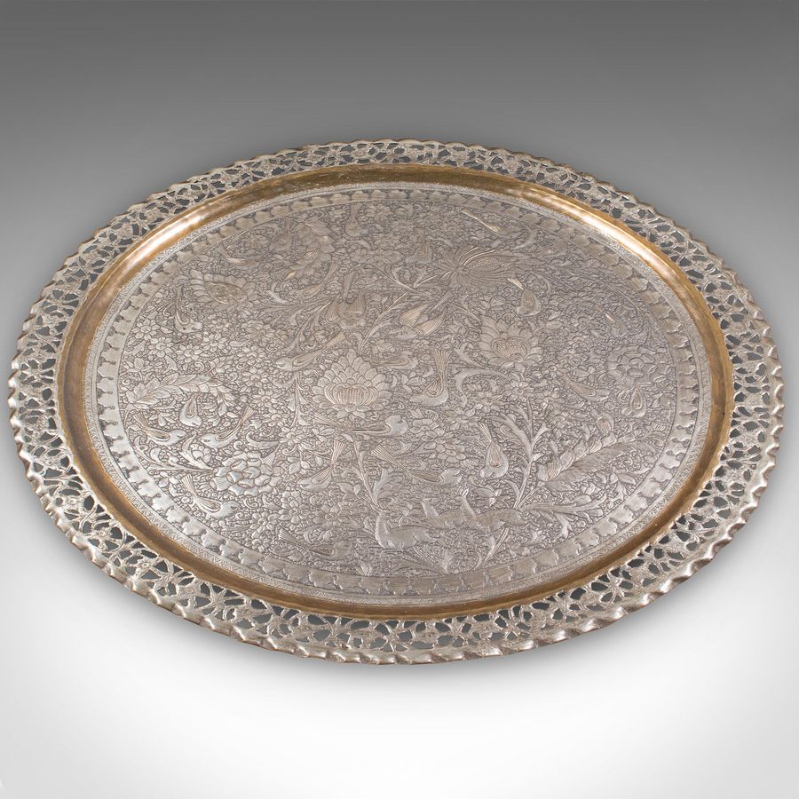 Antique Large Antique Kashmiri Serving Tray, Indian, Silvered Brass, Platter, Victorian