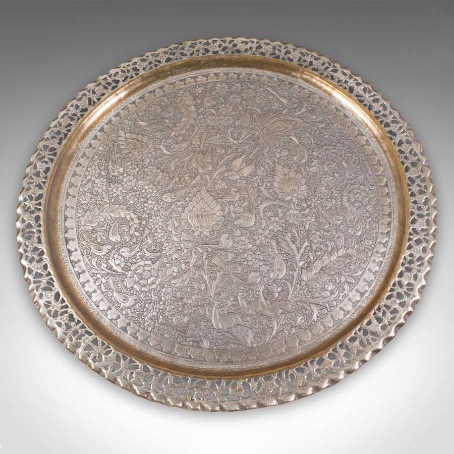 Antique Large Antique Kashmiri Serving Tray, Indian, Silvered Brass, Platter, Victorian