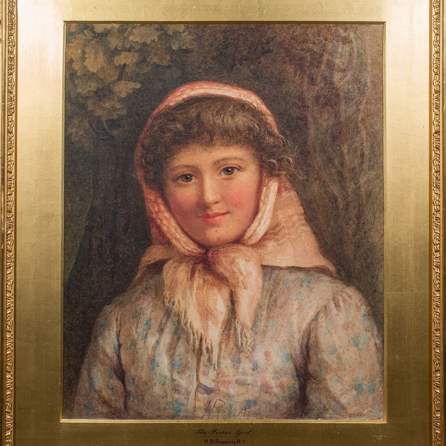 Antique Large Antique Portrait, English, Watercolour, Painting, HB Roberts, Victorian