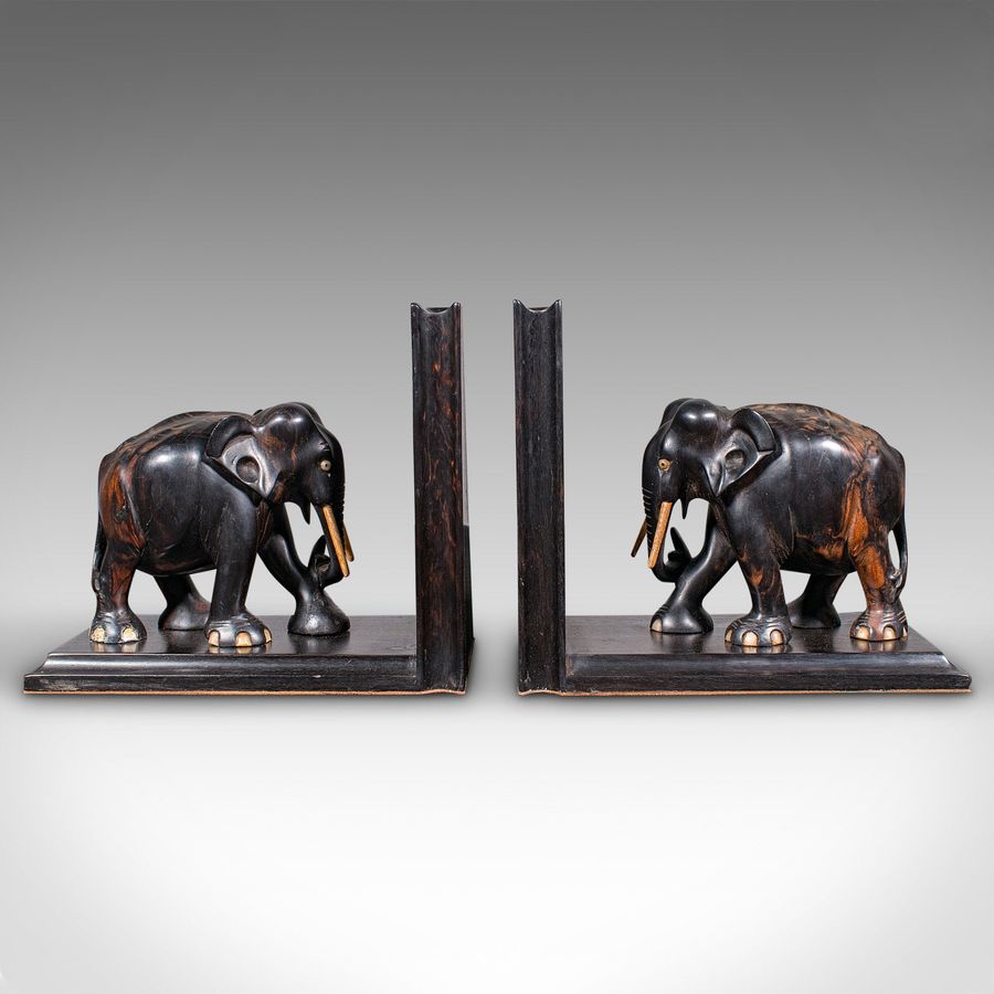 Antique Pair Antique Elephant Bookends, Indian, Coromandel, Novel, Book Rest, Victorian