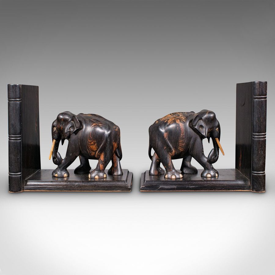 Antique Pair Antique Elephant Bookends, Indian, Coromandel, Novel, Book Rest, Victorian