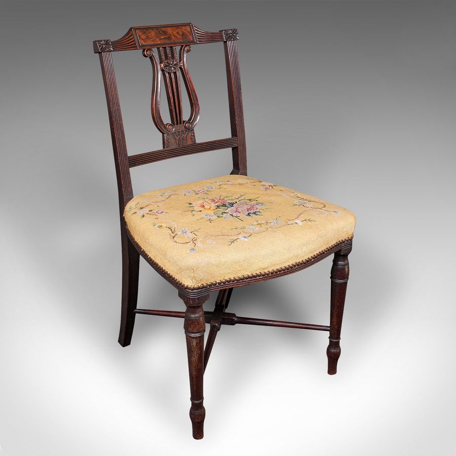 Antique Side Chair, English, Walnut, Needlepoint, Bedroom, Hall Seat, Regency