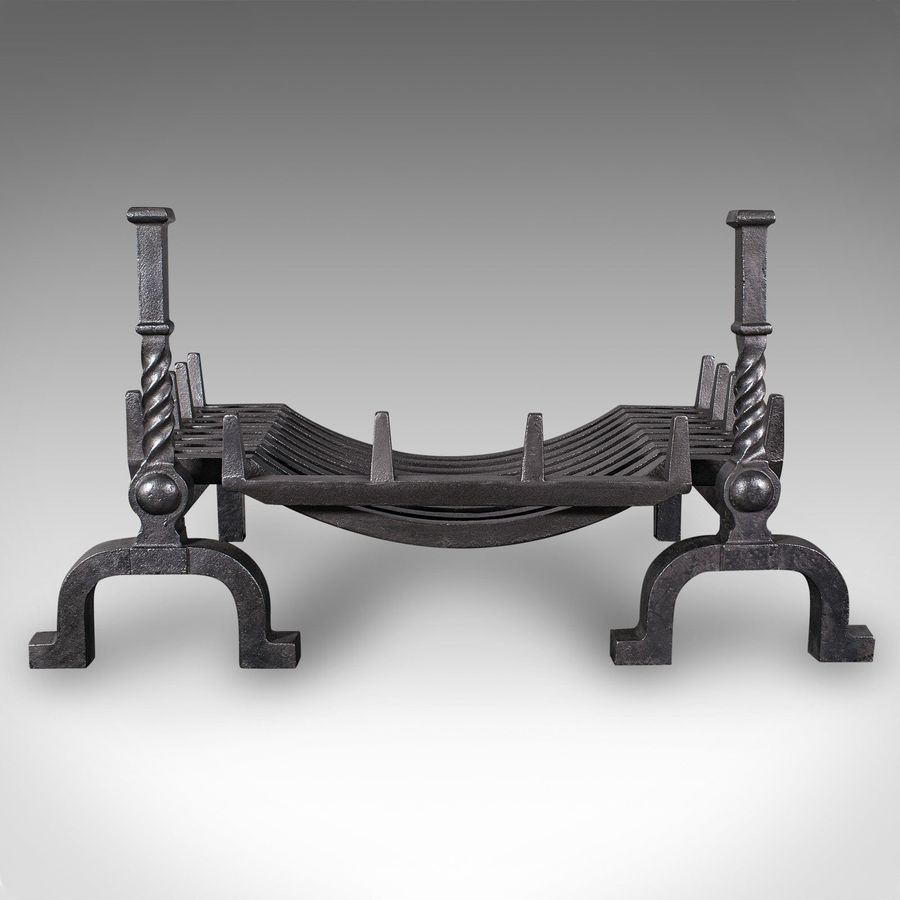 Antique Antique Fireplace Set, English Cast Iron, Fire Basket, Andirons, Edwardian, 1910