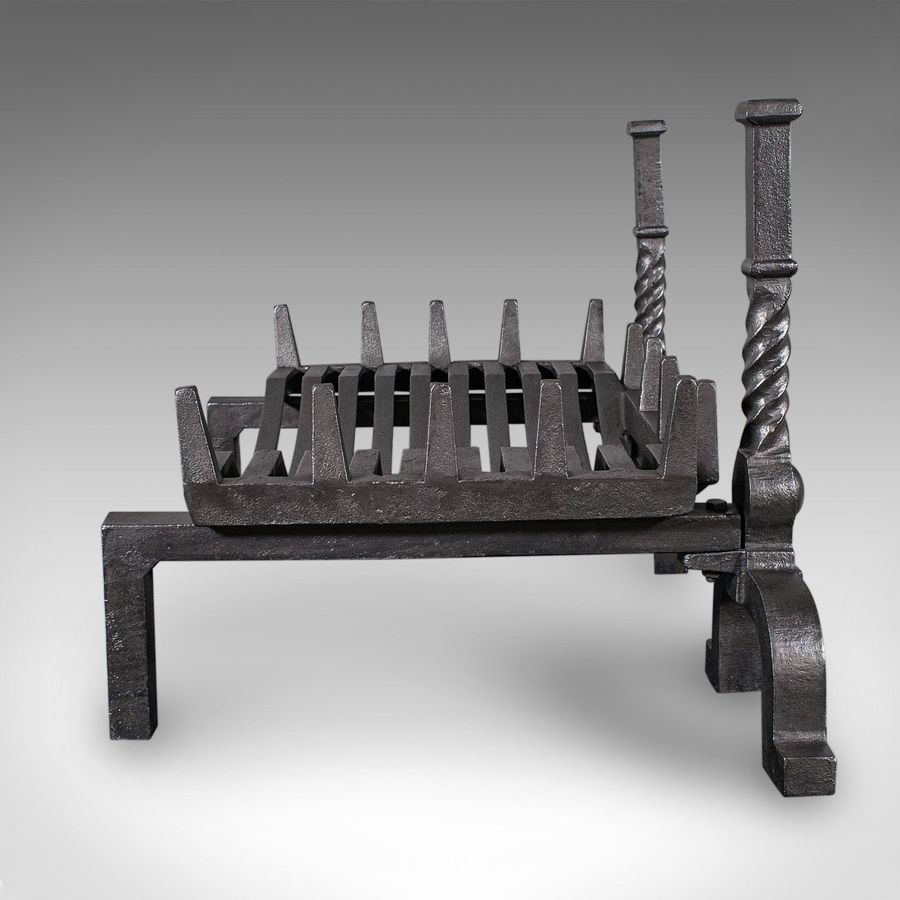 Antique Antique Fireplace Set, English Cast Iron, Fire Basket, Andirons, Edwardian, 1910