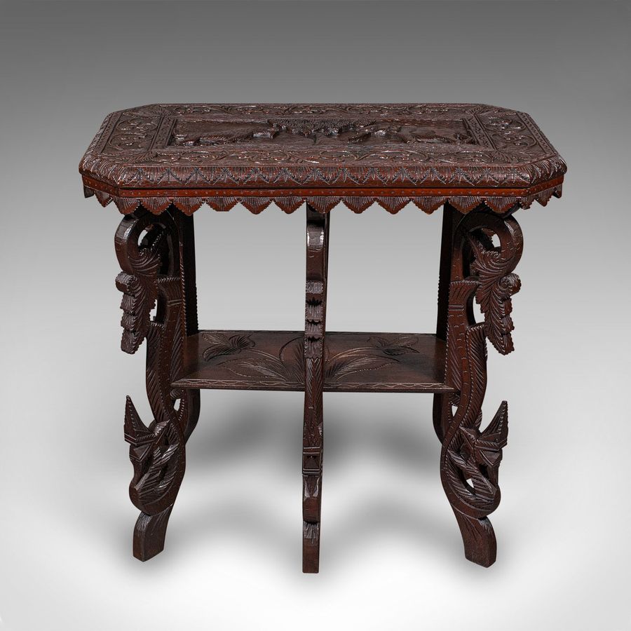 Antique Antique Carved Side Table, Indian, Teak, Lamp, Side, Tray, Occasional, Victorian