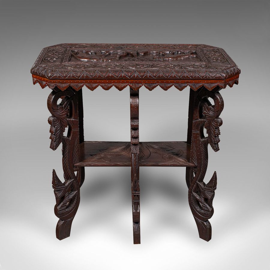 Antique Antique Carved Side Table, Indian, Teak, Lamp, Side, Tray, Occasional, Victorian