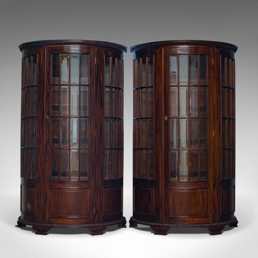 Antique Vintage Pair Of Demi Lune Display Cabinets Mahogany Bow