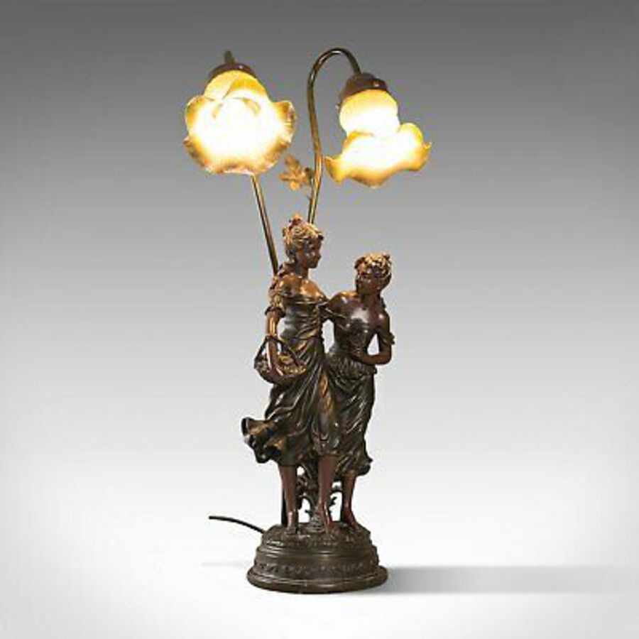 Antique Vintage Decorative Lamp, French, Spelter Bronze, Female, Figures, Table Light