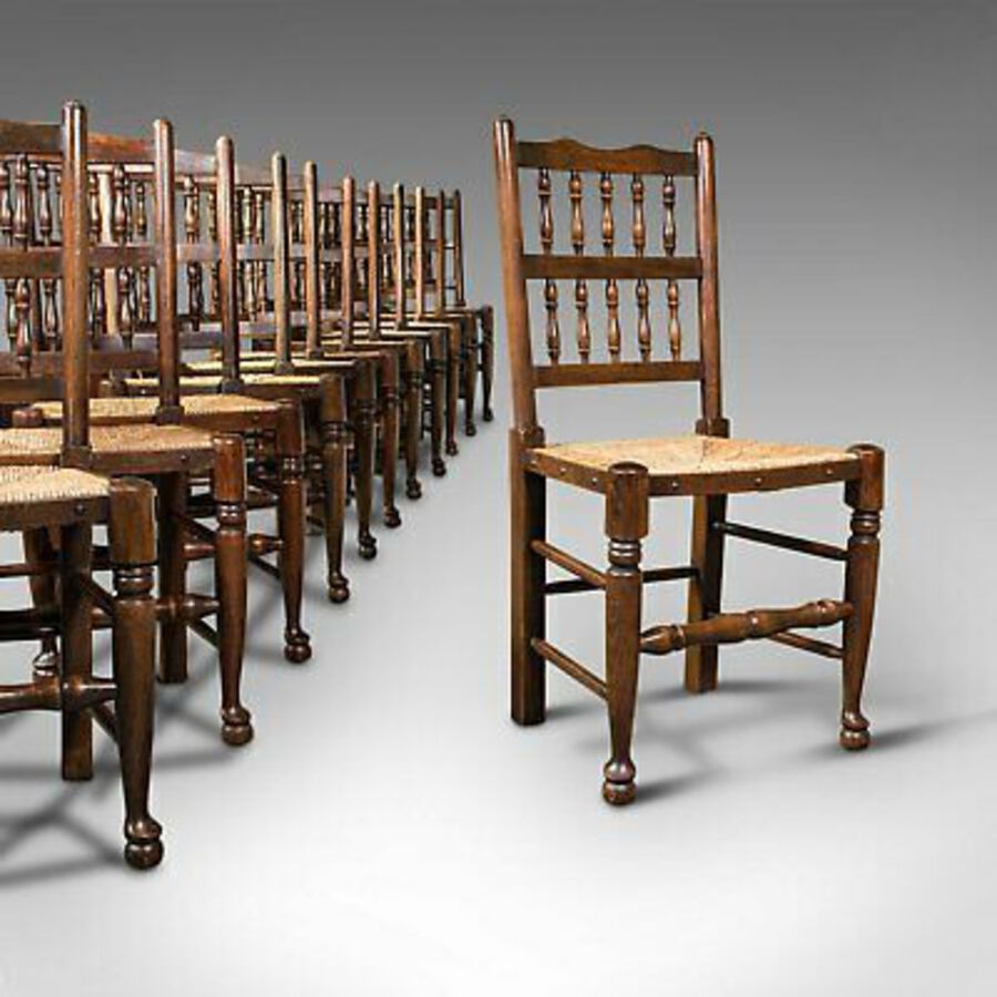 Antique Set Of 12, Antique Lancashire Chairs, Beech, Spindle Back, Seat, Edwardian, 1910