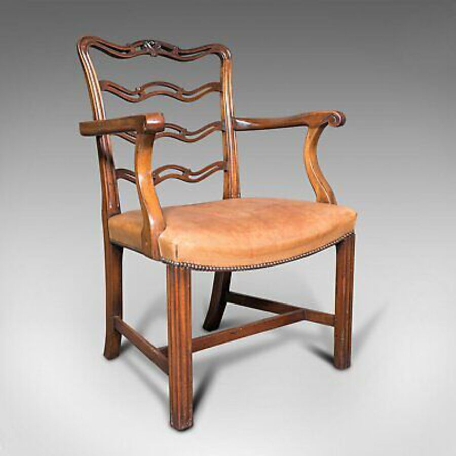 Antique Vintage Ladder Back Study Chair, Irish, Leather, Elbow Seat, Carver, Art Deco