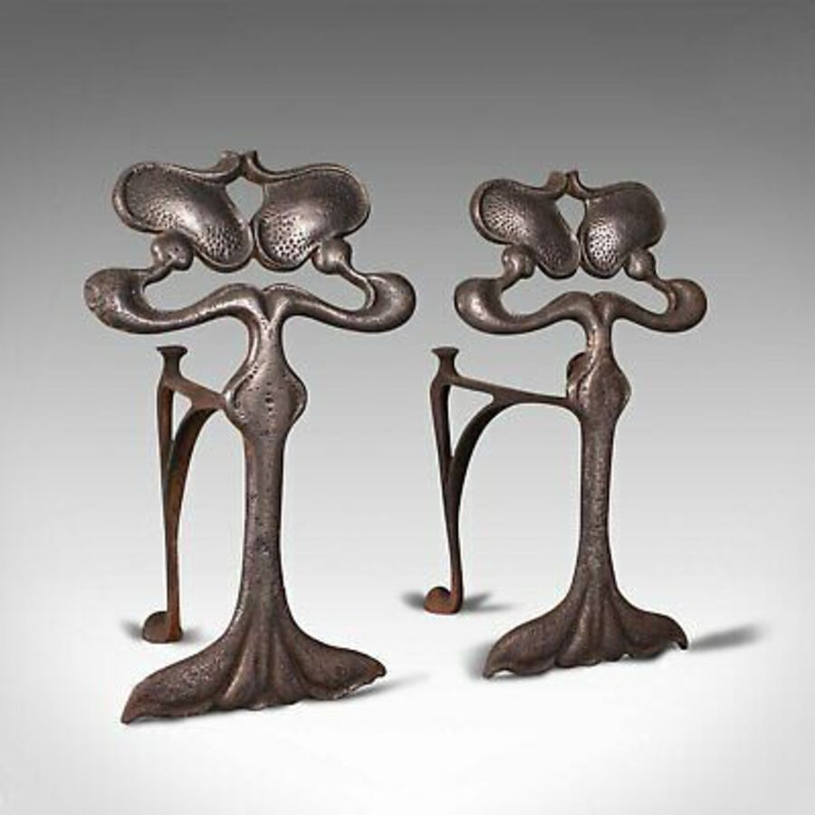 Antique Pair Of Antique Andirons, French, Iron, Fire Dogs, Tool Rest, Art Nouveau, 1900