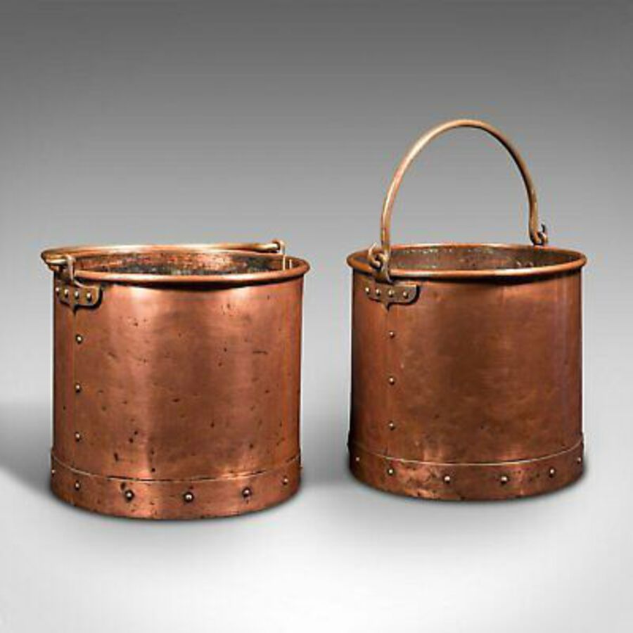 Pair Of Antique Fireside Bins, English, Copper, Coal, Fire Bucket, Victorian