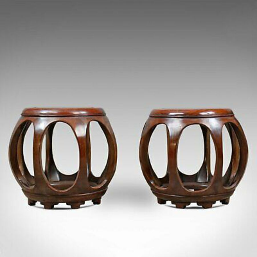 Antique Pair of Vintage Chinese Barrel Side Tables, Huali Rosewood, Stools, C20th