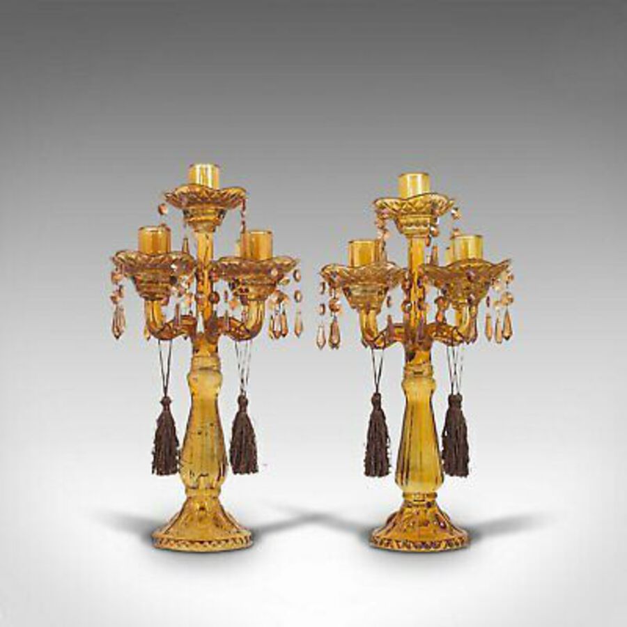 Pair Of, Antique Candelabra, English, Glass, Candle Stand, Victorian, Circa 1890