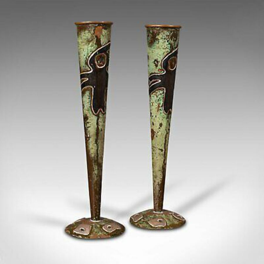 Antique Pair Of Antique Flute Vases, French, Copper, Posy, Art Nouveau Taste, Circa 1920