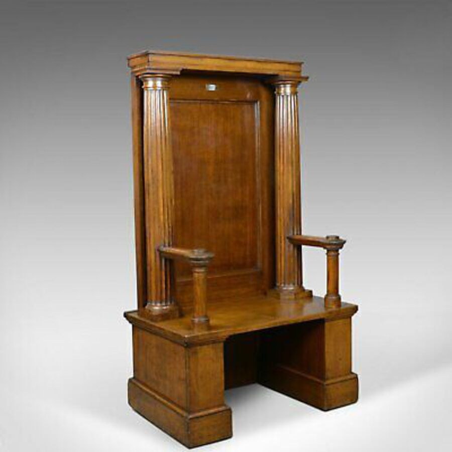 Large Antique Oak Throne Chair, Edwardian, Bench, Seat, Classical, Doric, c.1910