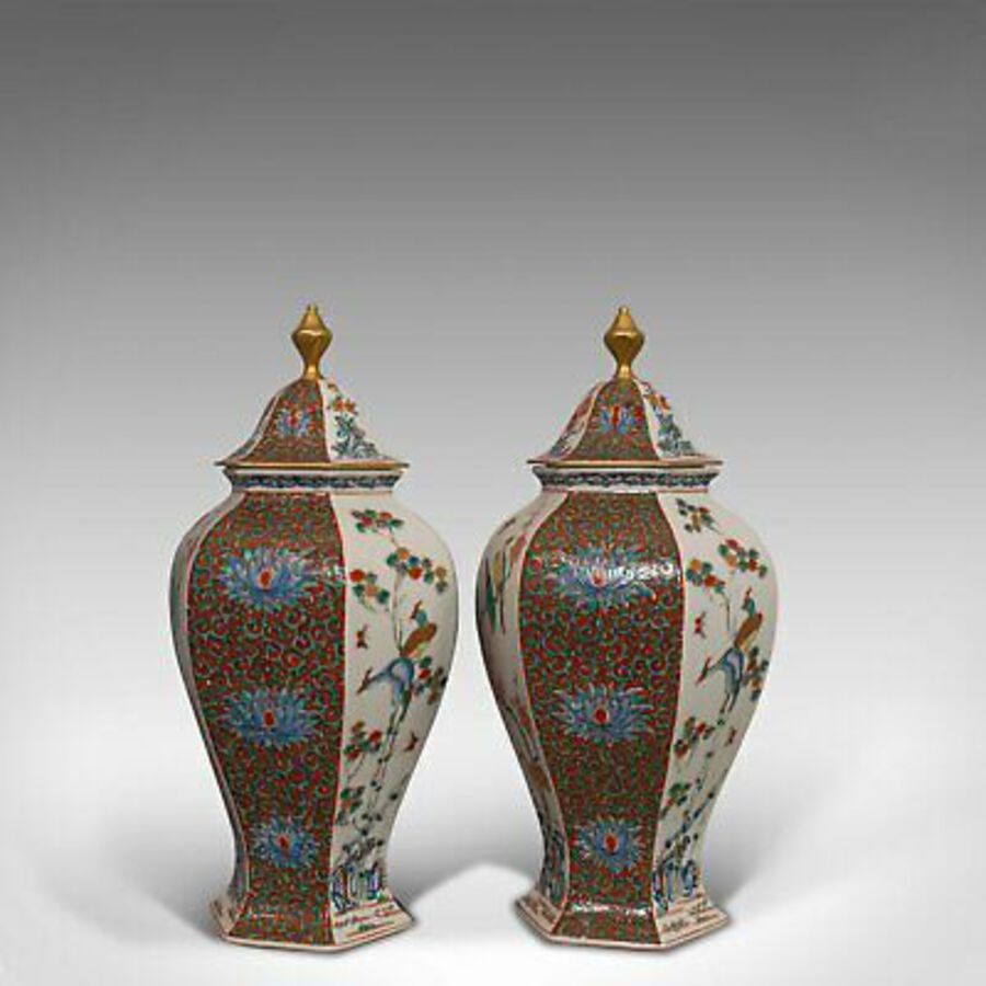 Antique Pair of Vintage Hexagonal Spice Jars, Oriental, Ceramic, Baluster, Urn, Avian