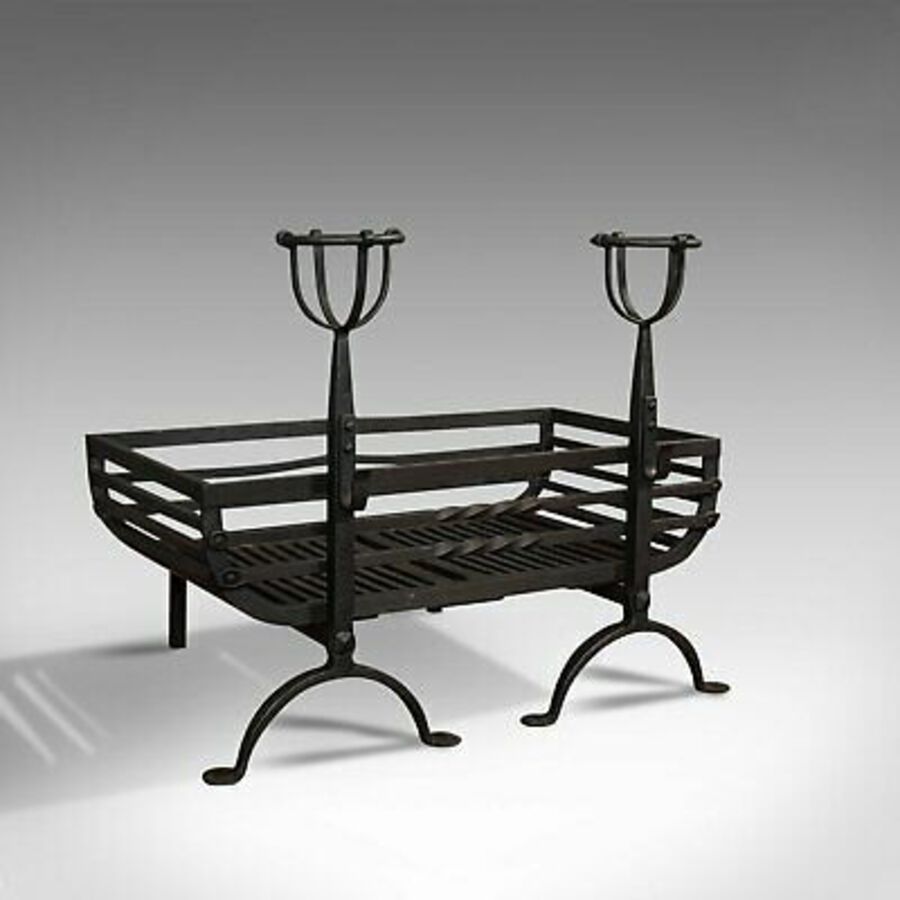 Antique Antique Fire Basket, Pair of Andirons, English, Iron, Fireside, Victorian, 1900