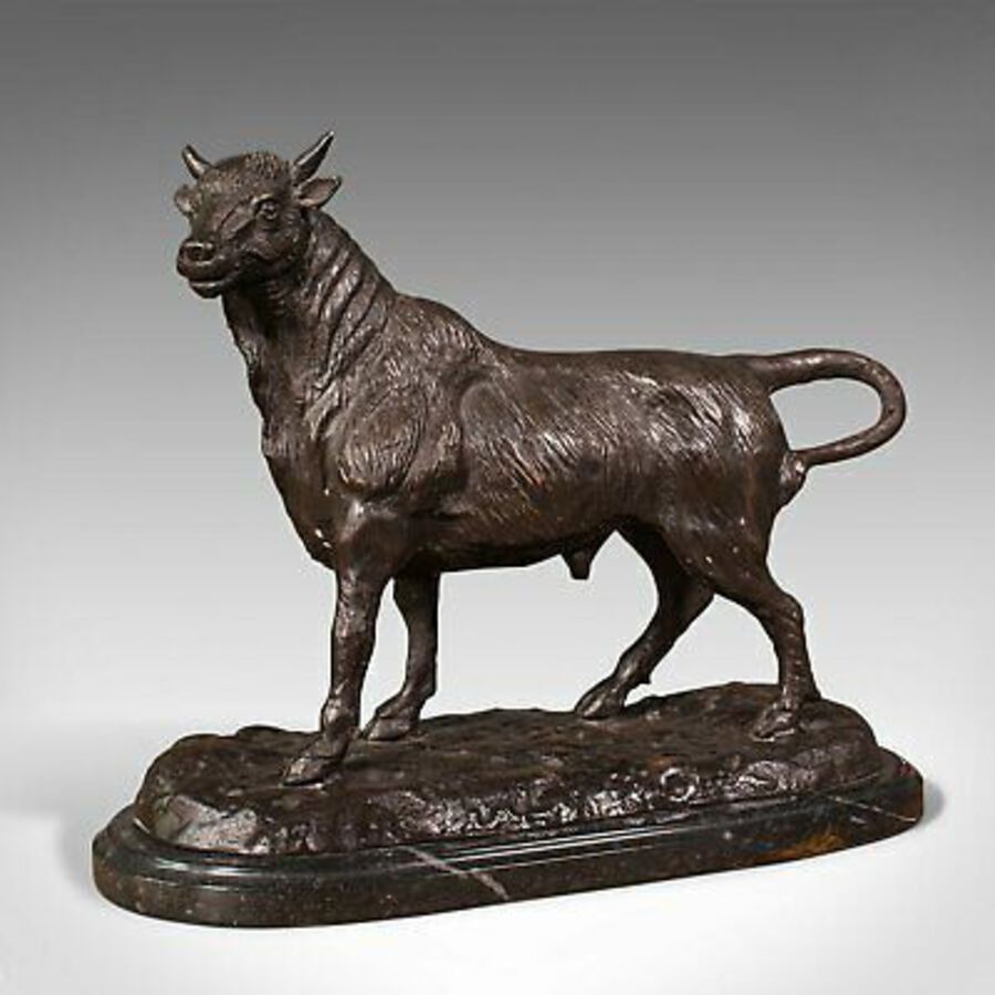 Vintage Decorative Bull Statue, Bronze, Marble, Ornament, After Barye, C.1960