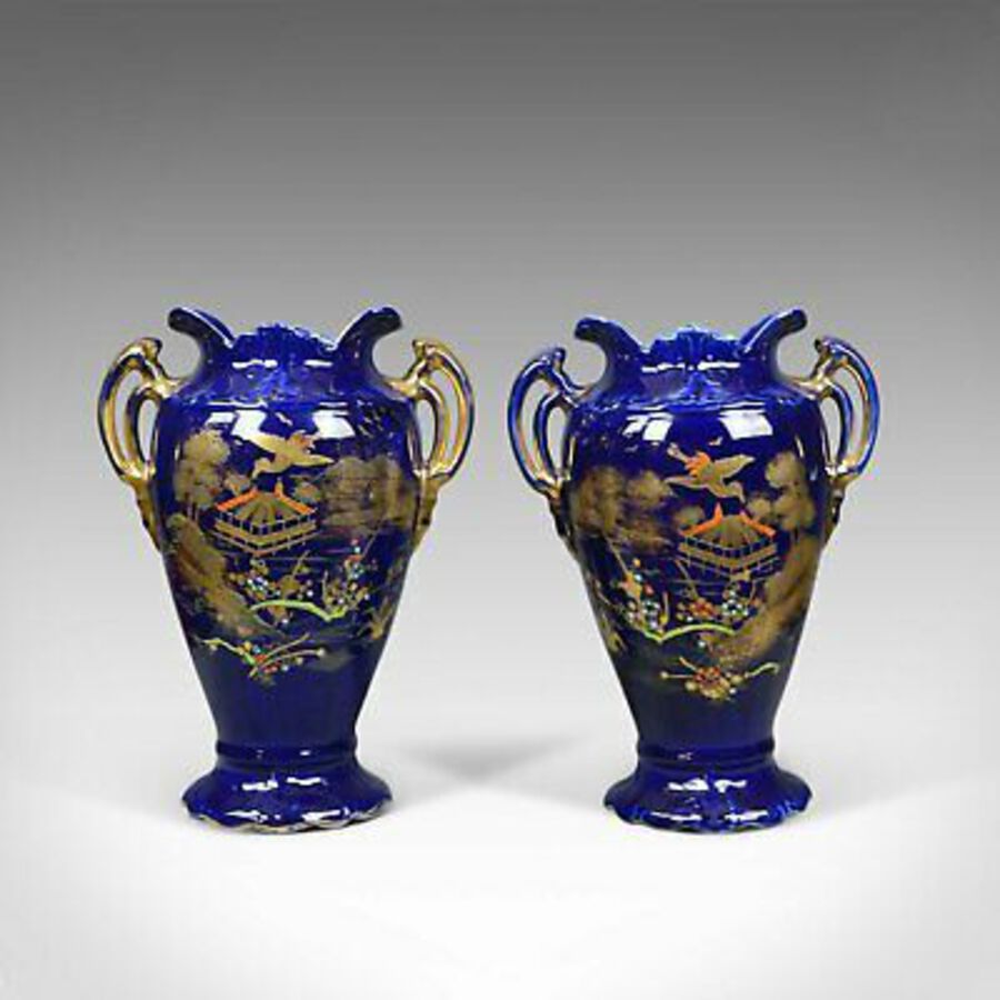 Antique Pair of Decorative Baluster Vases, Ceramic Urns, Gold, Blue, Late 20th Century