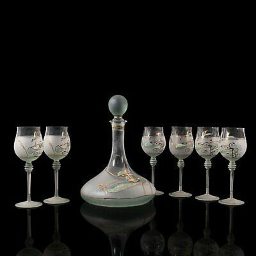 Vintage Wine Serving Set, European, Art Glass, Decanter, Hand Painted, Late 20th