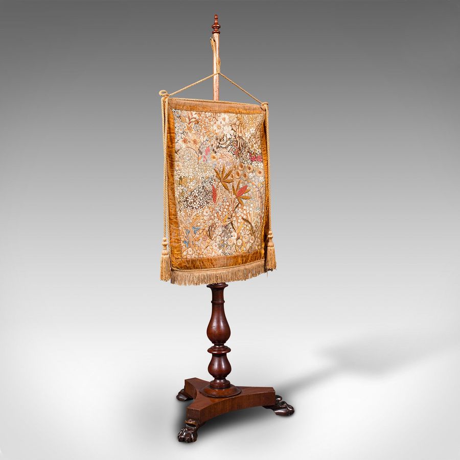 Antique Antique Pendant Pole Screen, English, Fireside Tapestry Stand, William IV, 1835