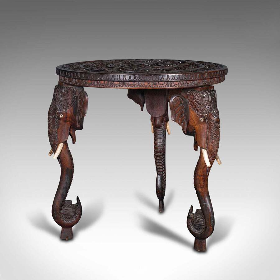 Antique Antique Carved Circular Table, Indian, Teak, Colonial, Campaign, Victorian, 1900