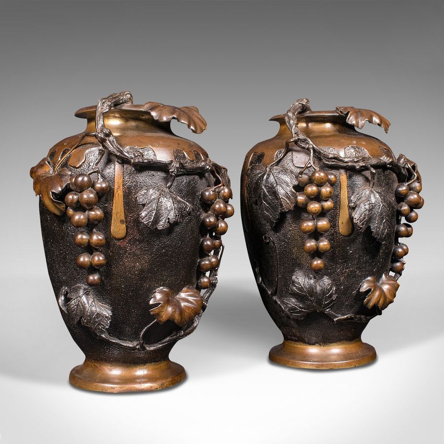 Antique Large Pair Of Antique Decorative Vases, Japanese, Bronze, Amphora, Victorian