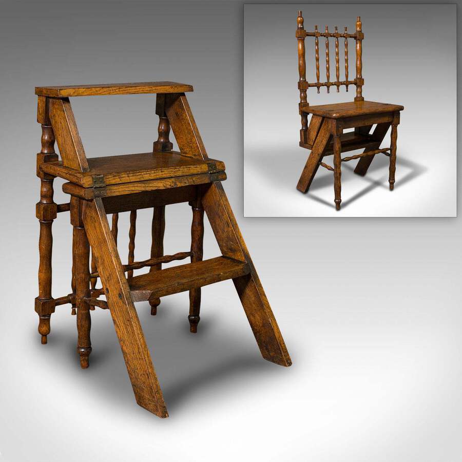 Antique Set Of Antique Metamorphic Library Steps, English, Oak, Folding Chair, Georgian