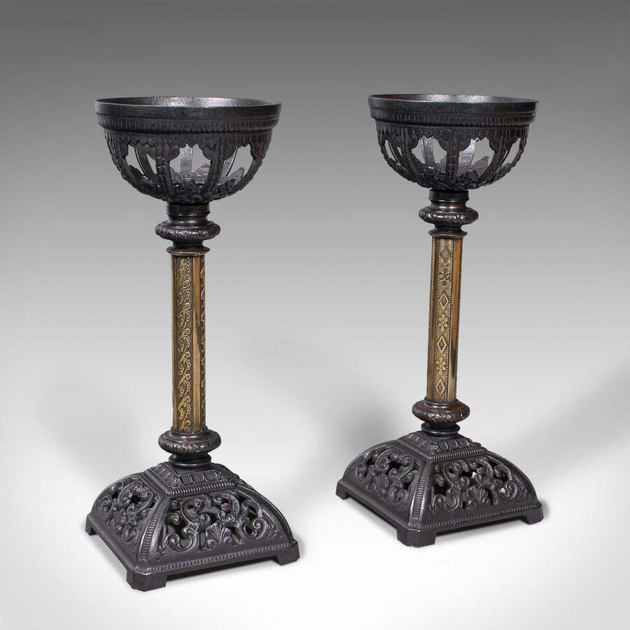 Antique Pair Of Antique Candlesticks, English, Iron, Brass, Gothic Revival, Victorian