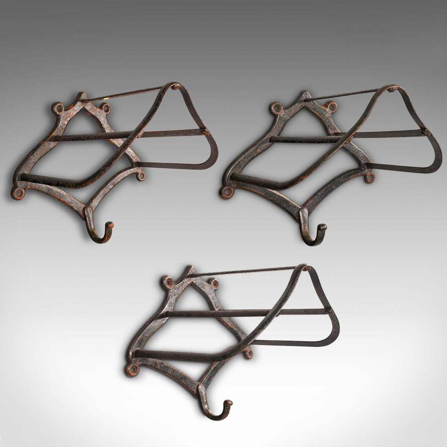Antique Trio Of Antique Equestrian Tack Racks, English, Wall Mount, Saddle, Victorian