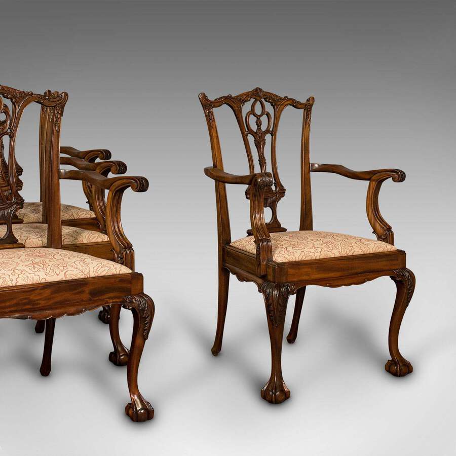 Antique Set of 4 Antique Chippendale Revival Chairs, English, Elbow, Armchair, Victorian
