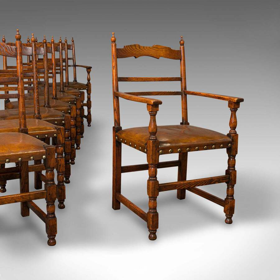 Antique Set Of 8 Antique Dining Chairs, English, Oak, Carver, Seat, Edwardian, C.1910