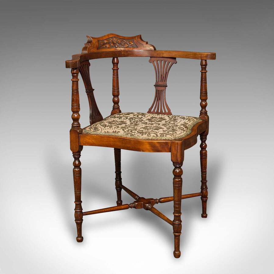 Antique Antique Corner Arm Chair, English, Walnut, Dressing Seat, Art Nouveau, Victorian