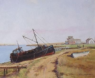 Terence Lionel Storey Original Oil Painting - Coastal Landscape Scene With Boats