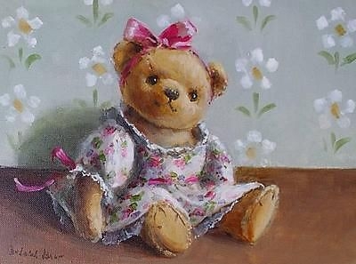 Delightful Deborah Jones (1921-2012) Oil Painting Of A Teddy Bear - The Pink Bow