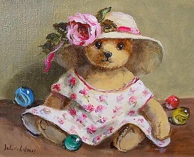 Superb Deborah Jones (1921-2012) Oil Painting Of A Teddy Bear - The Rose Frock