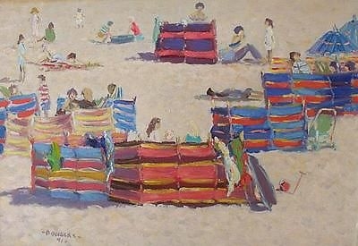 Douglas Hill Oil Painting - Coastal Beach Scene With People (St Ives Artist)