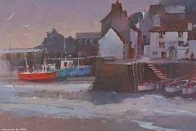 Superb Michael D Hill Original Gouache Painting - Boats At Polperro In Cornwall