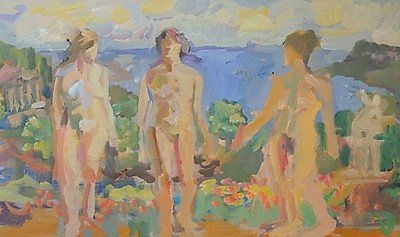 Antique John Harvey (St Ives Artist) Oil Painting - Three Nude Women & Coastal Landscape