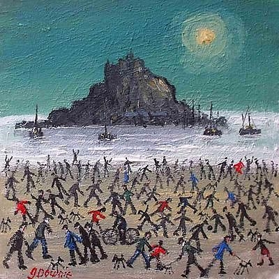 James Downie Oil Painting - Busy Beach Scene & St Michael's Mount Cornwall