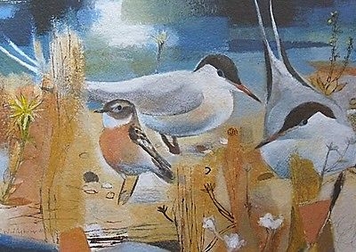 Superb Andrew Waddington Original Mixed Media Painting - Night Lagoon (Birds)