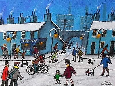 Jack Kavanagh (Howden) Painting - Busy Street Scene With People (Fish & Chips)