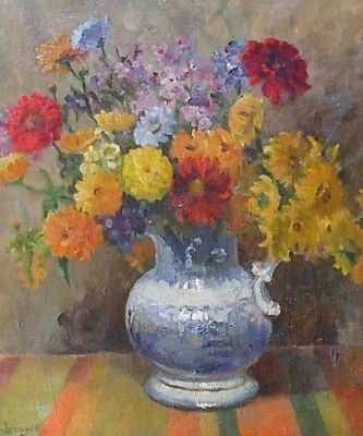 Vintage Vera Lockyer Still Life Oil Painting - Flowers In A Light Blue Jug