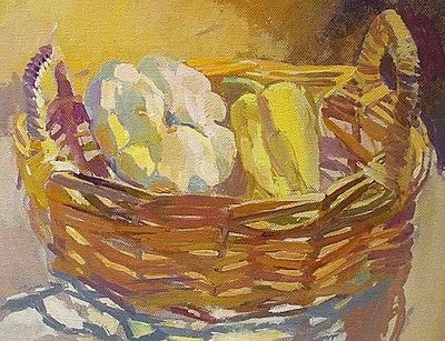 Philip Hogben Still Life Oil Painting Yellow Pepper & Pattypan Squash In Basket