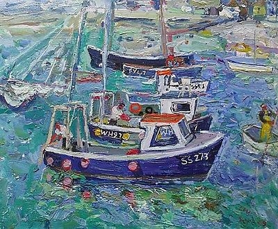 Linda Weir Oil Painting - Boats In St Ives Harbour Cornwall - Modern Cornish Art